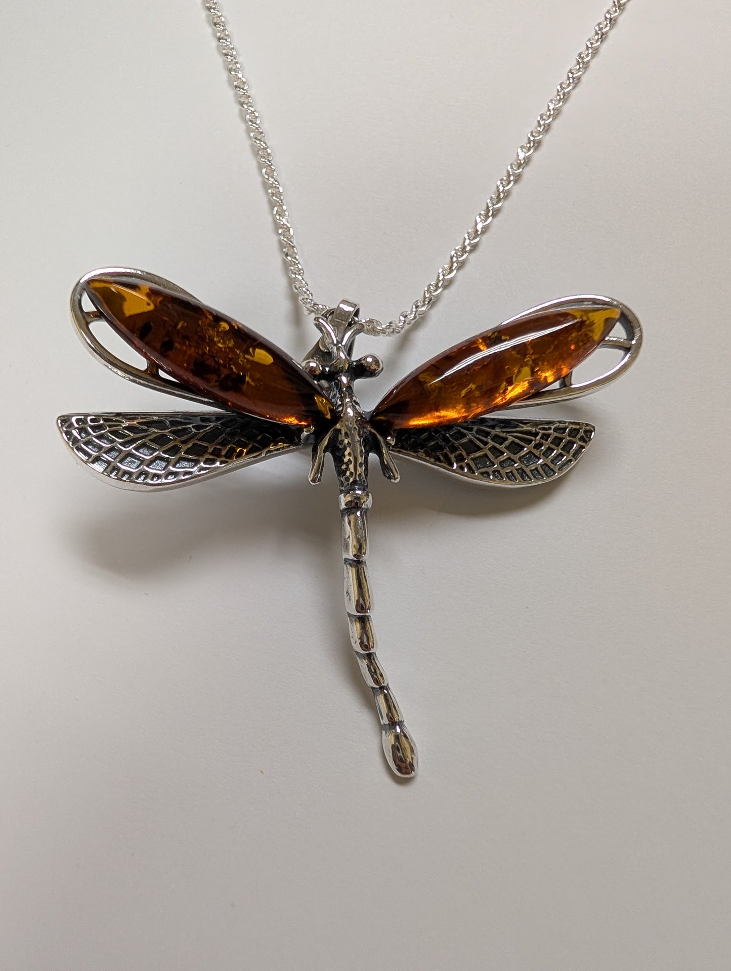 Amber/Silver Dragonfly Necklace Large