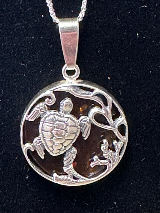 Turtle Picture Amber/Silver Pendant Necklace
