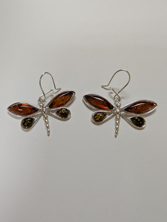 Amber/Silver Dragonfly earrings (large)